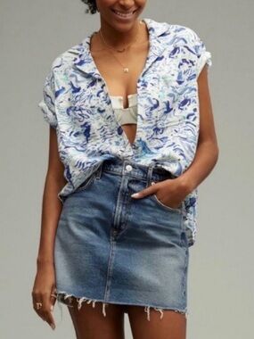 Anthropologie Blue & White Marble-Print Button Down Shirt